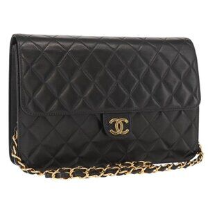 CHANEL Matelasse 25 Chain Shoulder Bag Lamb Skin Black Gold CC Auth 148589SM